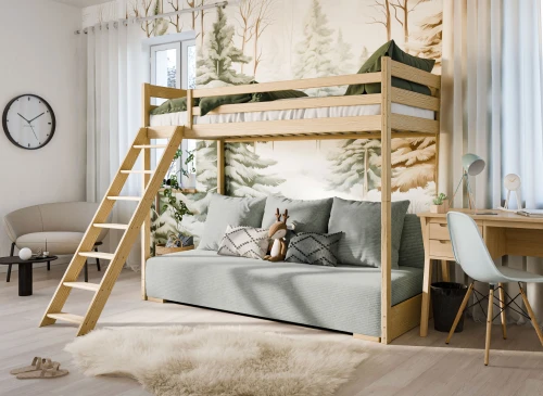 SOFINO 90x200/140x200 grenen stapelbed met uitschuifbare sofa grijs stof Zoom 15 Sage Lano Meubels