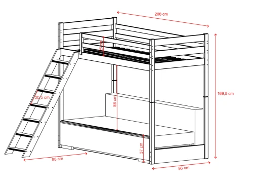 SOFINO 90x200/140x200 grenen stapelbed met uitschuifbare sofa grijs stof Zoom 15 Sage Lano Meubels