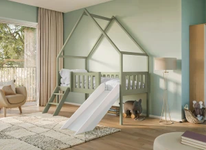 ANGEL 80x180 olijf kinderbed huisje met glijbaan Lano Meubels