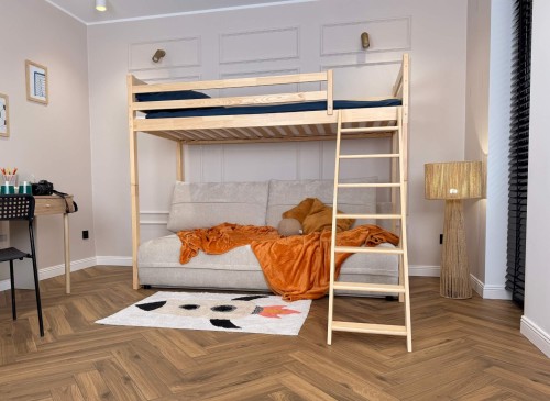 SAVIO 90x200/140x200 wit stapelbed met uitschuifbare sofa beige stof perfect harmony 02 Lano Meubels