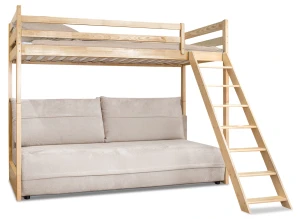 SAVIO 90x200/140x200 grenen stapelbed met uitschuifbare sofa beige stof perfect harmony 02 Lano Meubels