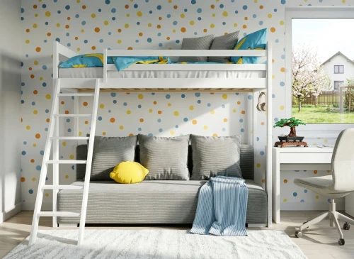 SOFINO 90x200/140x200 wit stapelbed met uitschuifbare sofa grijs stof Zoom 15 Sage Lano Meubels