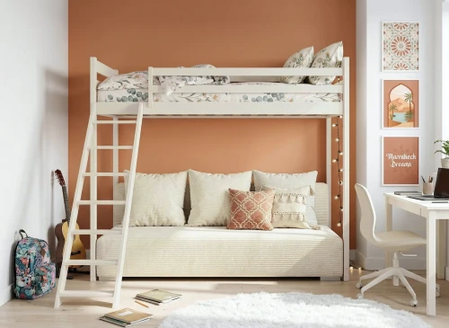 SOFINO 90x200/140x200 katoen hoogslaper wit met uitklapbare slaapbank beige stof Poso 38 Lano Meubels